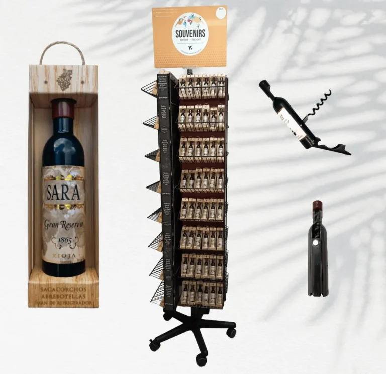 Expositor Gran Bodega EXP-GB con nombres en inglés y español – sacacorchos, abrebotellas e imán personalizado
