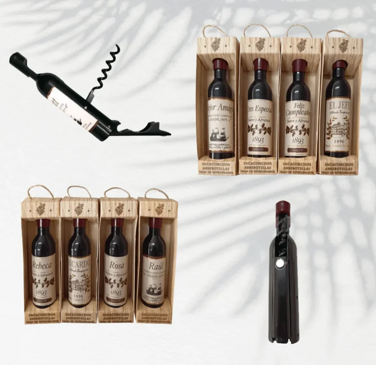 Expositor Gran Bodega EXP-GB con nombres en inglés y español – sacacorchos, abrebotellas e imán personalizado