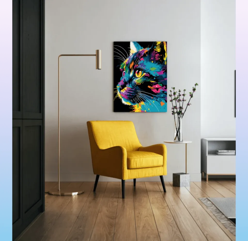 Splat Planet Painting by Numbers Cat – cuadro de gato terminado en la pared